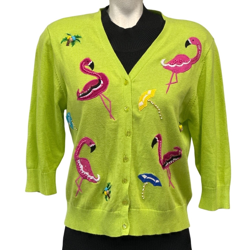 Novelty Flamingo Embroidered Cardigan, Quirky Summer Beach‎ Resort Knit Top